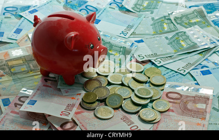 euro money paper and coins on isoalted white with red money pig Stock Photo