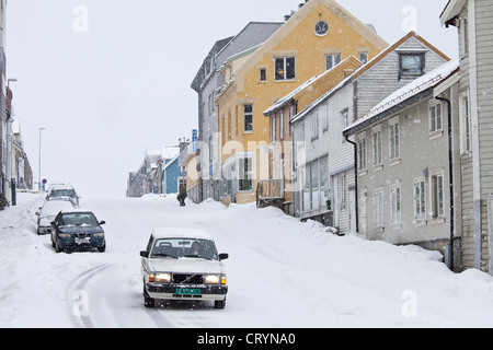 Volvo with winter tyres driving in snowy conditions in Tromso within the Arctic Circle in Northern Norway Stock Photo