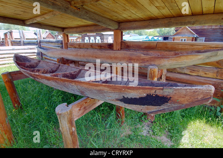 old wooden fishing boat, 'Taltsa's' (Talzy) - Irkutsk architectural and ethnographic museum. Baikal, Siberia, Russian Federation Stock Photo