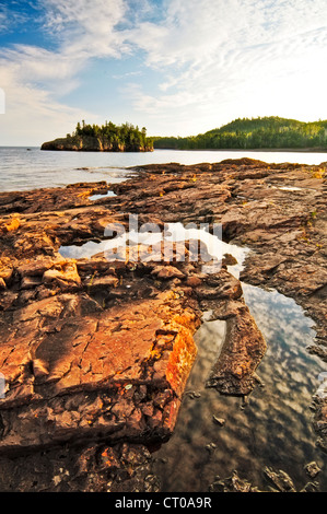 Rocky shore along Lake Superior at Split Rock Lighthouse State Park in northern Minnesota. Stock Photo