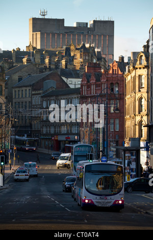 Looking down Bridge Street Bradford, High Point on Westgate is in the background. Stock Photo