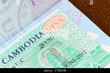 Visa in a USA passport for Cambodia Stock Photo