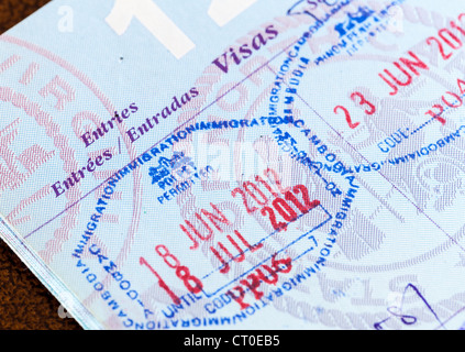 Stamps in a USA passport for Cambodia and Thailand entry visas Stock Photo