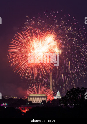 Independence Day fireworks celebrations over monuments in Washington DC Stock Photo