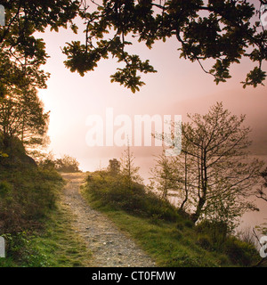 Misty Dawn south east corner of Llyn Dinas Lake in the Nantgwynant Valley Snowdonia National Park Gwynedd North Wales UK, Late S Stock Photo