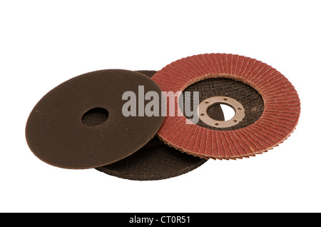 Special angle grinder sander discs for grinding and cutting isolated on a white background. Construction industry tools. Stock Photo