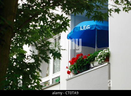 Duesseldorf, LEG umbrella on a balcony Stock Photo