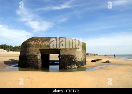 Blockhouse of wold war II on the beach at low tide at Saint-Palais in France,region Charentes Poitou,Charente Maritime depart. Stock Photo