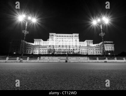 Night view of the front of the parliament building in Bucharest Romania Stock Photo