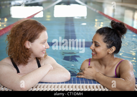 Women talking in indoor pool