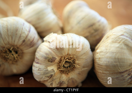 Garlic heads on a string on a wooden chopping board Stock Photo
