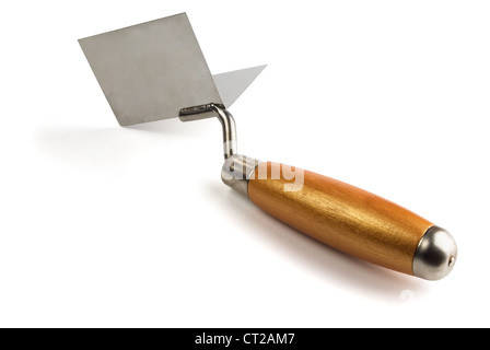 External corner trowel with wooden handle isolated on white Stock Photo