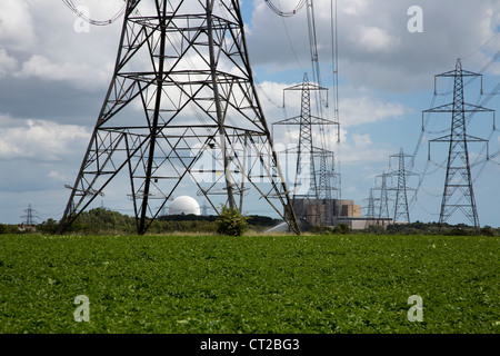 Sizewell power station through pylons, Suffolk , England Stock Photo