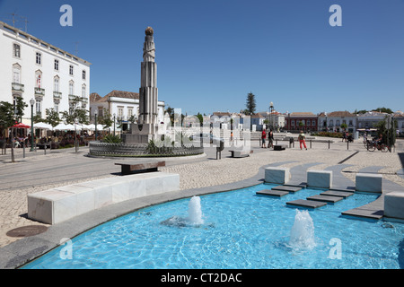 Town square with fountain in Tavira, Algarve Portugal Stock Photo