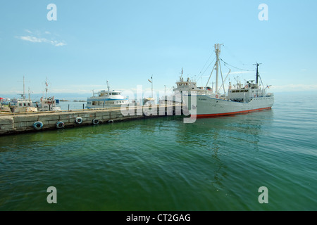 Port in the settlement Listvyanka, Lake Baikal, Irkutsk region, Siberia, Russian Federation Stock Photo