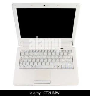 White open laptop with black screen on white background Stock Photo