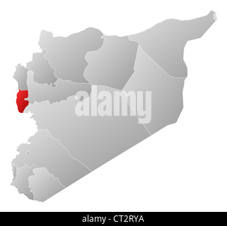 Political map of Syria with the several governorates where Tartus is highlighted. Stock Photo