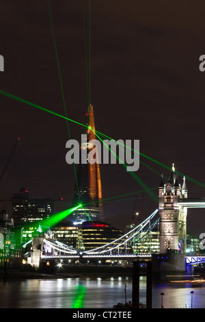 London Tower Bridge during inauguration of Shard with laser show, prepared for 2012 Olympic games Stock Photo