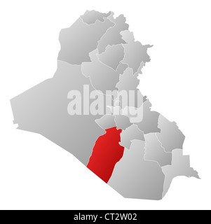 Political map of Iraq with the several governorates where Najaf is highlighted. Stock Photo