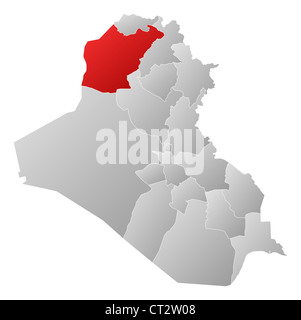 Political map of Iraq with the several governorates where Ninawa is highlighted. Stock Photo