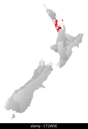 Political map of New Zealand with the several regions where Auckland is highlighted. Stock Photo