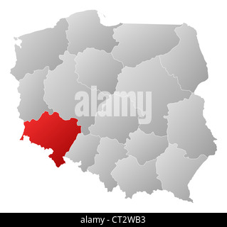 Political map of Poland with the several provinces (voivodships) where Lower Silesian is highlighted. Stock Photo