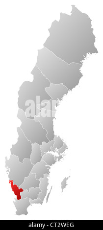 Political map of Sweden with the several provinces where Halland County is highlighted. Stock Photo