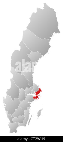 Political map of Sweden with the several provinces where Stockholm County is highlighted. Stock Photo