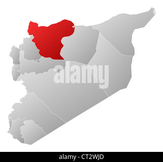 Political map of Syria with the several governorates where Aleppo is highlighted. Stock Photo