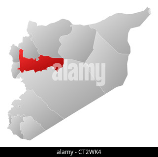 Political map of Syria with the several governorates where Hama is highlighted. Stock Photo