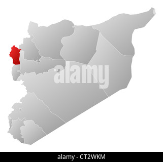 Political map of Syria with the several governorates where Latakia is highlighted. Stock Photo