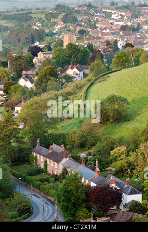 View over Wotton under Edge and the Cotswolds from Coombe Hill in early morning sunshine Stock Photo