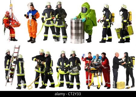 Firefighters, in various uniforms, suits, with different equipments, for a variety of operational situations Stock Photo