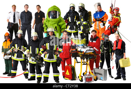 Firefighters, in various uniforms, suits, with different equipments, for a variety of operational situations Stock Photo