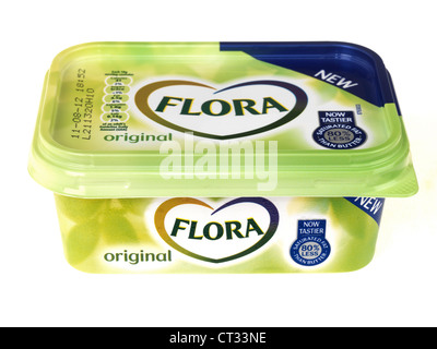 Branded Plastic Cartons Of Healthy Flora Spread Isolated Against A White Background With No People And A Clipping Path Stock Photo