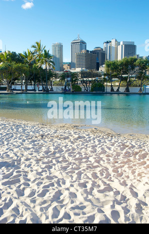 Streets beach at the South Bank Parklands within view of the city centre of Brisbane in view, Queensland, Australia Stock Photo