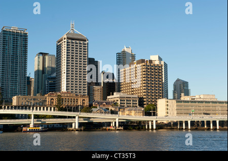 Skyline of the CBD of Brisbane, capital of Queensland, with Brisbane River, seen from South Bank Stock Photo