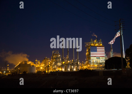 Wilmington, California - An oil refinery, operated by BP, displays a huge American flag. Stock Photo