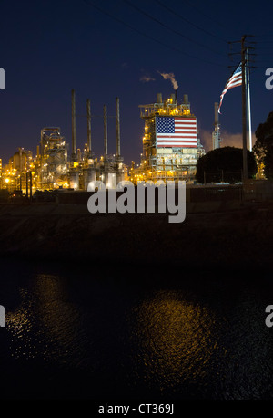 Wilmington, California - An oil refinery, operated by BP, displays a huge American flag. Stock Photo