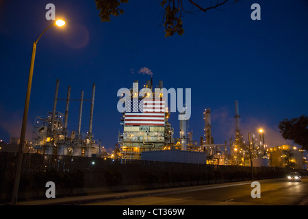 Wilmington, California - An oil refinery, operated by BP, displays a huge American flag. Stock Photo