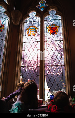A girl looking at the fireworks show through a window inside Cinderella´s Castle, Magic Kingdom, Disney World, Orlando, Florida Stock Photo