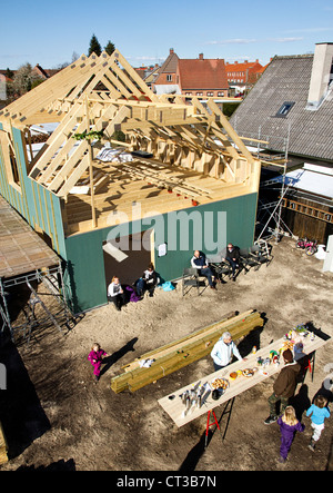 Aerial view of builders on site Stock Photo