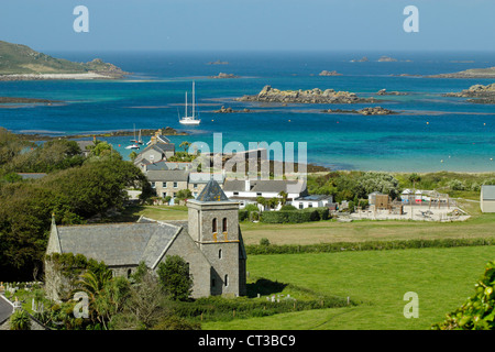 Tresco Isles of Scilly, Old Grimsby St Nicholas church, Primarry School and quay. Stock Photo