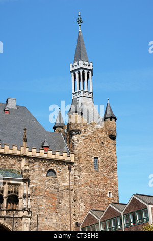 Aachen Town Hall, in gothic style, was built by citizens on the ruins of Charlemagne's Palace in the 14th Century. Stock Photo