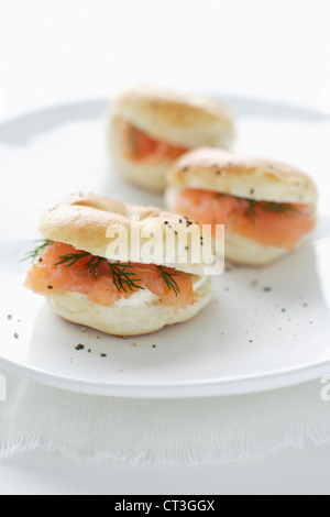 Plate of salmon and cream cheese bagels Stock Photo