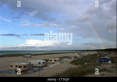 Wieck, rainbow by camping on the beach on the Baltic Sea Stock Photo