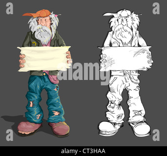 Homeless man with an empty plate in his hand. Illustration Stock Photo