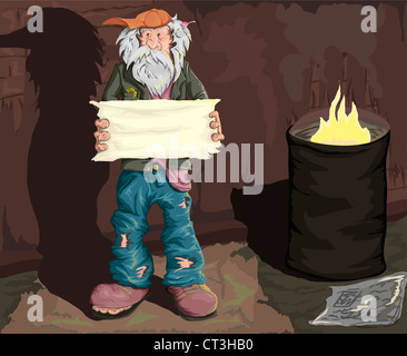 Homeless man standing on the street with an empty plate in hand.  Illustration Stock Photo