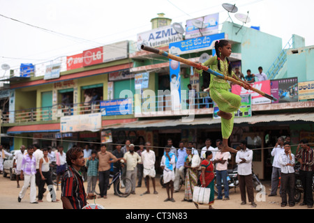 Street circus artist  Andhra Pradesh South India Stock Photo