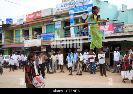 Street circus artist  Andhra Pradesh South India Stock Photo